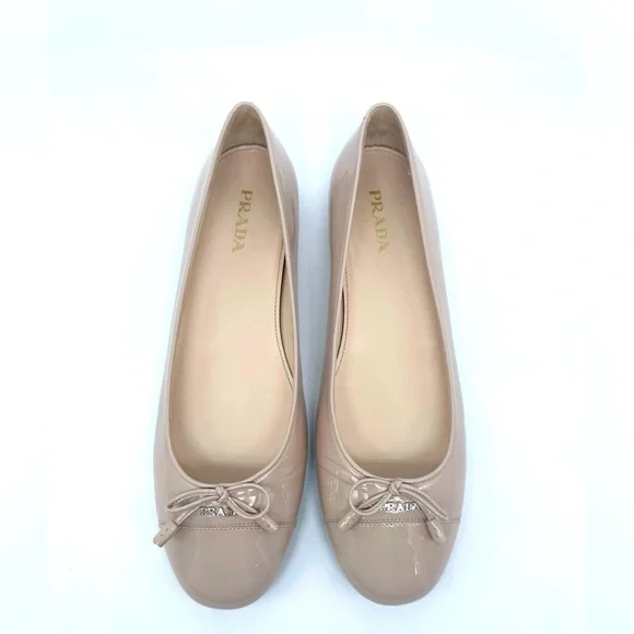 Prada Nude Patent leather silver logo embellished bowtie ballerina flats EU 41 - Picture 1 of 10